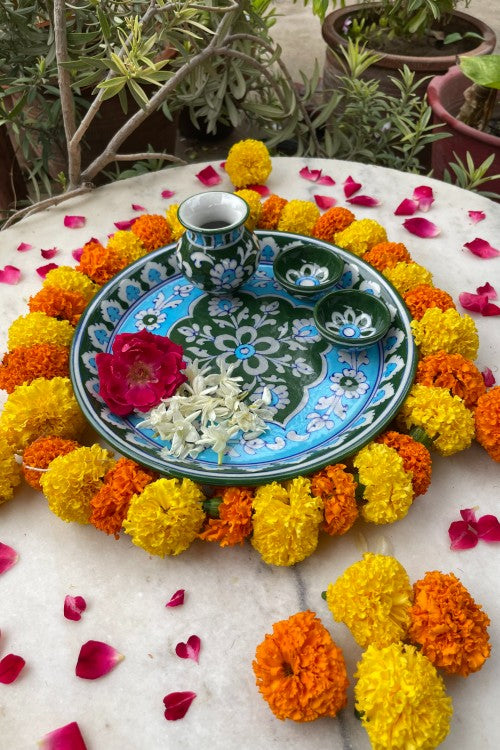 Blue Pottery Handcrafted Pooja Thali Green And Blue