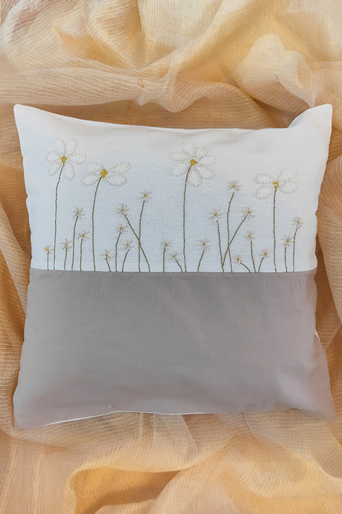 Whe Patchwork Hand Embroidered Beige and White Cushion Cover