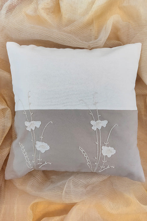 Whe White Patchwork Floral Hand Embroidered Dual Color Cushion Cover