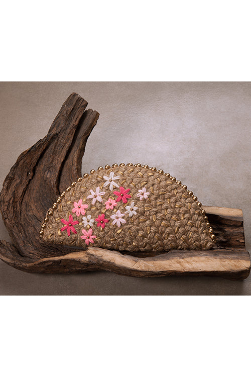 Dhaaga Pink Blossom Gold Half Moon Clutch