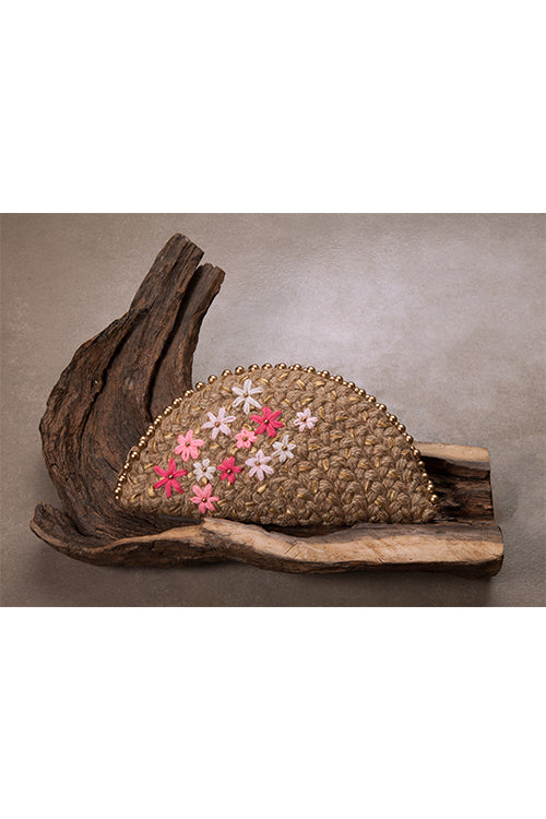 Dhaaga Pink Blossom Gold Half Moon Clutch
