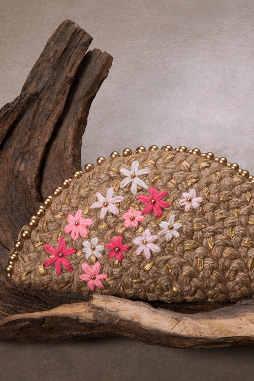 Dhaaga Pink Blossom Gold Half Moon Clutch
