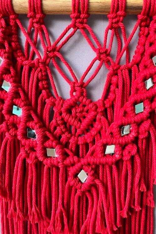 House Of Macrame Handcrafted 'Twinkle' Mirror Wall-Hanging (Red)