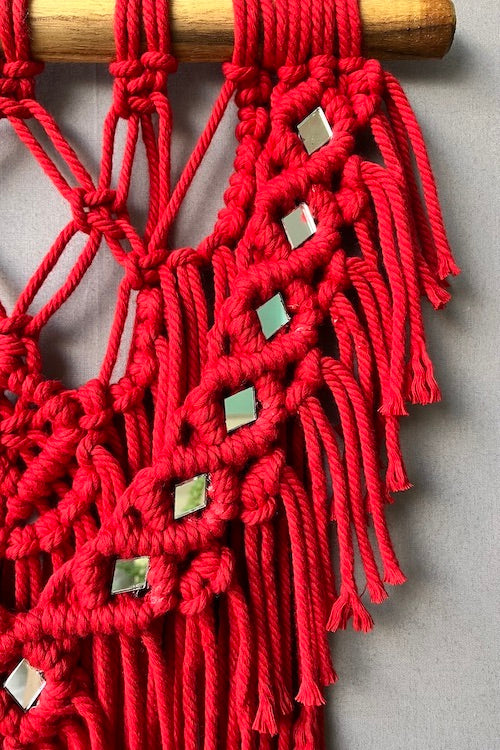 House Of Macrame Handcrafted 'Twinkle' Mirror Wall-Hanging (Red)