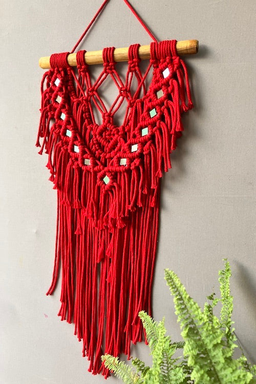 House Of Macrame Handcrafted 'Twinkle' Mirror Wall-Hanging (Red)