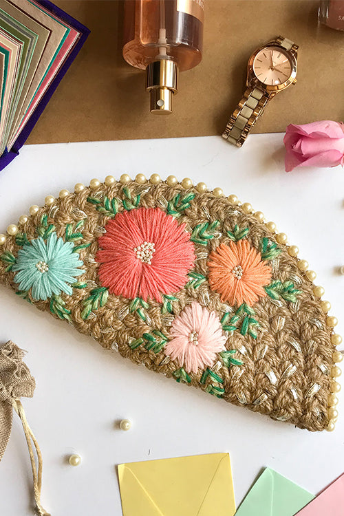 Dhaaga Pastel Bouquet In Silver Half Moon Clutch Bag