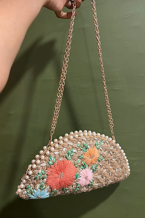 Dhaaga Pastel Bouquet In Silver Half Moon Clutch Bag