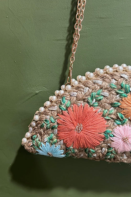 Dhaaga Pastel Bouquet In Silver Half Moon Clutch Bag