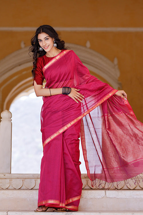 Queen Pink Handweave Maheshwari Silk Cotton Saree Online