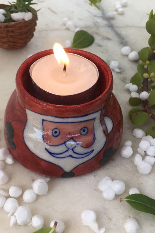 Ram Gopal Blue Pottery Handcrafted " Christmass T-Candles" Santa Candle Stand  (Set Of 2)-38