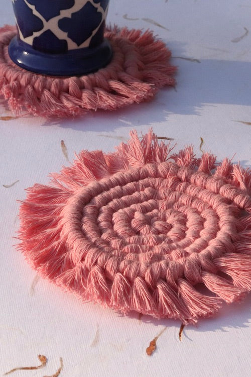 House of Macrame Handcrafted Macrame Round Coasters (Set of 2) - Pink