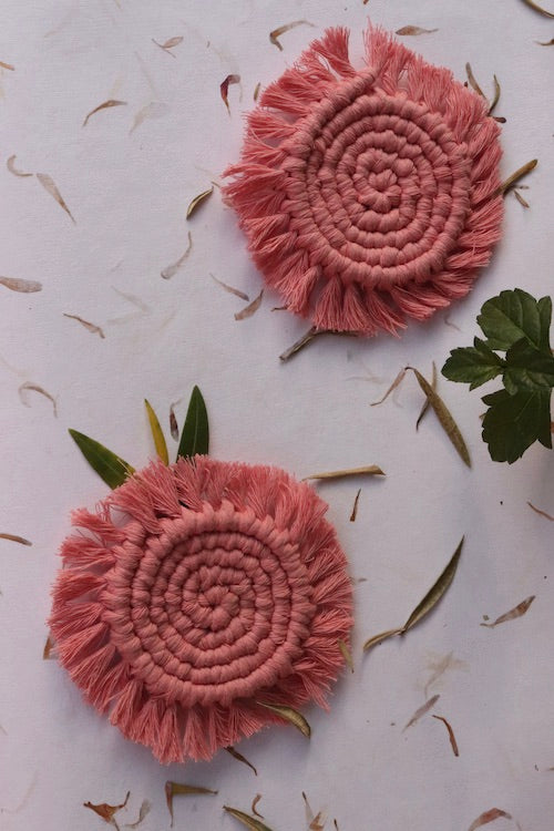 House of Macrame Handcrafted Macrame Round Coasters (Set of 2) - Pink