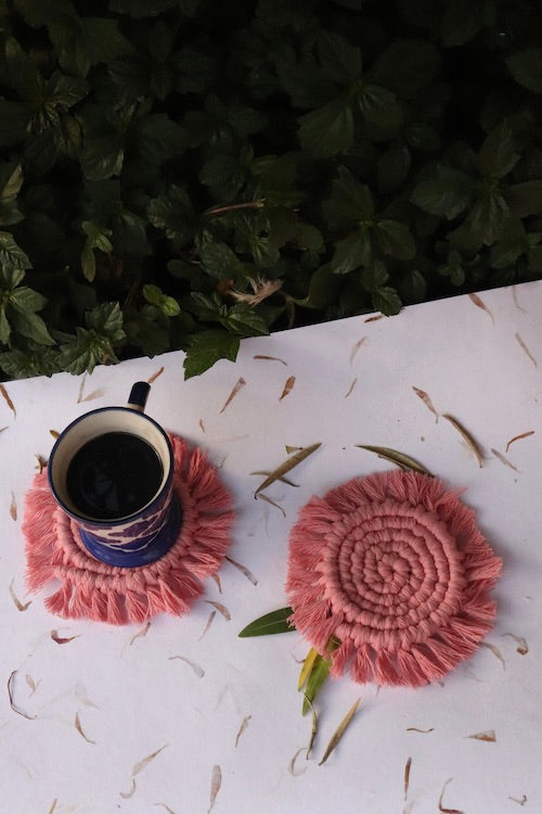 House of Macrame Handcrafted Macrame Round Coasters (Set of 2) - Pink