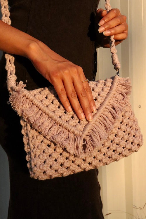 House of Macrame Handcrafted Macrame Clutch Bag with swing (Blush Grey)