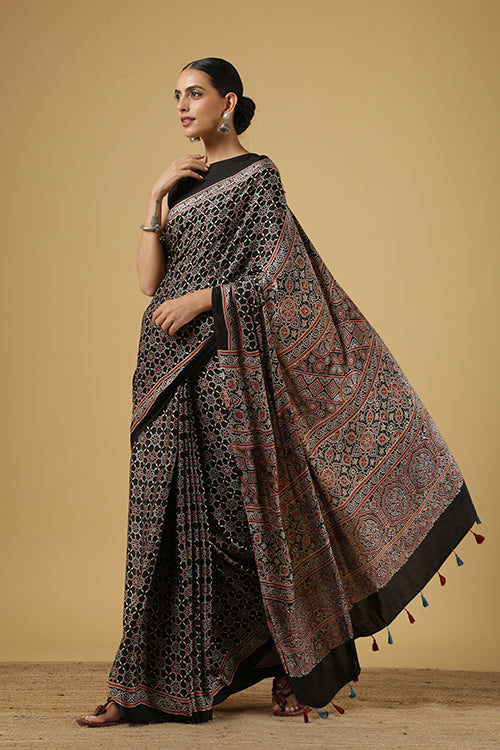 Jahangir Khatri Ajrakh Printed Modal Traditional Saree With Tassels 11