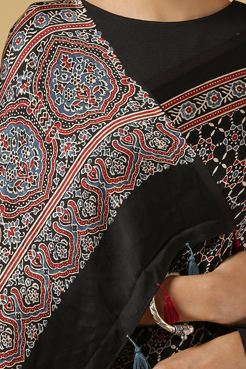 Jahangir Khatri-Traditional Ajrakh Hand Block Printed & Natural Dyed Modal Black Saree With Tassels.