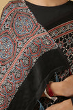 Jahangir Khatri-Traditional Ajrakh Hand Block Printed & Natural Dyed Modal Black Saree With Tassels.