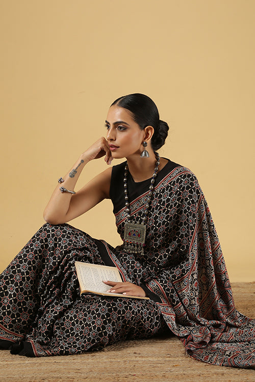 Jahangir Khatri - Black Ajrakh Modal Saree