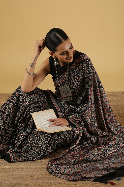 Jahangir Khatri - Black Ajrakh Modal Saree