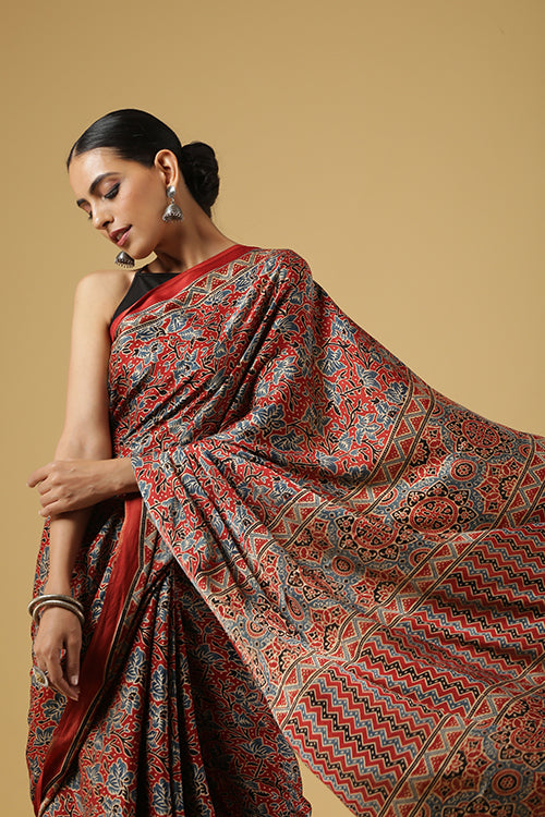 Jahangir Khatri-Traditional Ajrakh Hand Block Printed & Natural Dyed Modal Red Saree With Tassels.
