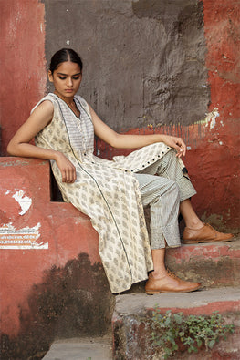 Sadhna Nirali Beige V Neck Long Cotton Kurta For Women Online