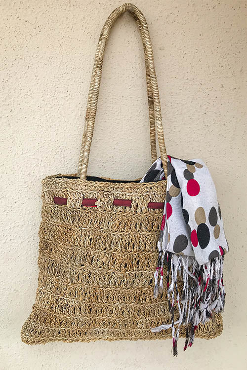 Gramya Handcrafted Banana Fibre Maroon Patti V Crochet Bag