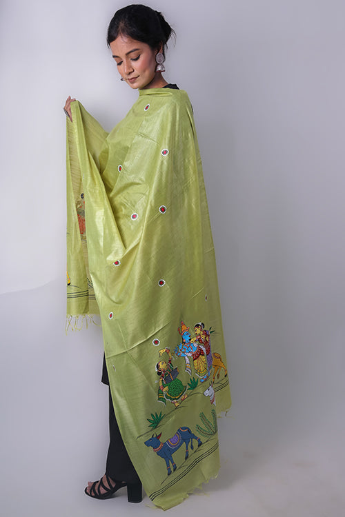Diorama Designs Pattachitra Handpainted "Krishna Raas" Munga Silk Dupatta