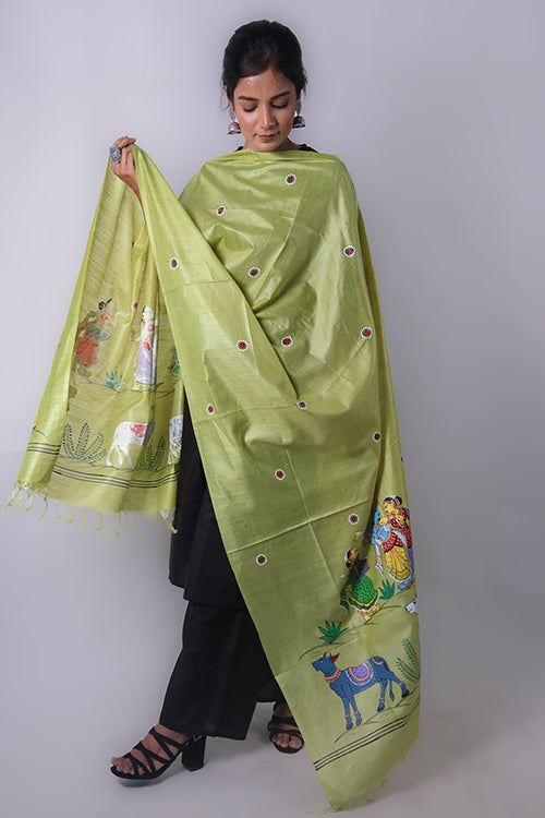 Diorama Designs Pattachitra Handpainted "Krishna Raas" Munga Silk Dupatta