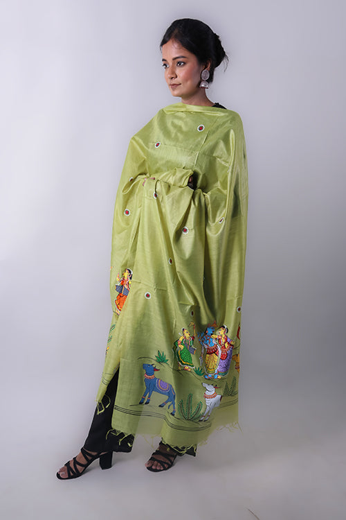 Diorama Designs Pattachitra Handpainted "Krishna Raas" Munga Silk Dupatta