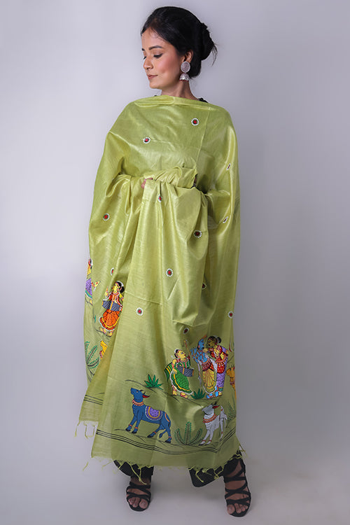 Diorama Designs Pattachitra Handpainted "Krishna Raas" Munga Silk Dupatta