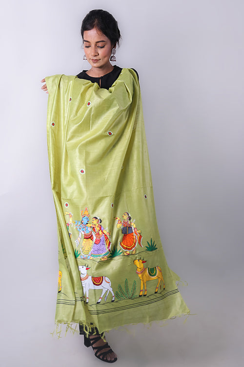 Diorama Designs Pattachitra Handpainted "Krishna Raas" Munga Silk Dupatta