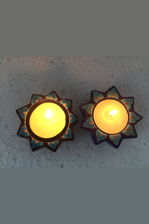 Ram Gopal Blue Pottery Handcrafted "T-Candles" Blue Candle Stand (Set Of 2)-12