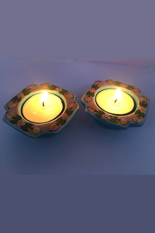 Ram Gopal Blue Pottery Handcrafted "T-Candles" Blue Candle Stand (Set Of 2)-13