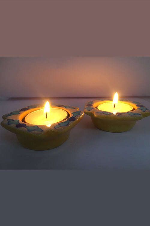 Ram Gopal Blue Pottery Handcrafted "T-Candles" Blue Candle Stand (Set Of 2)-14