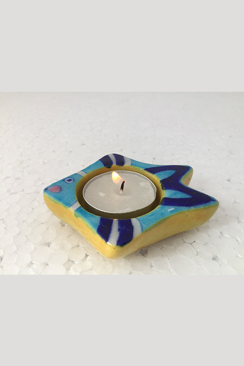 Ram Gopal Blue Pottery Handcrafted "T-Candles" Blue Fish Candle Stand (Set Of 2)-25