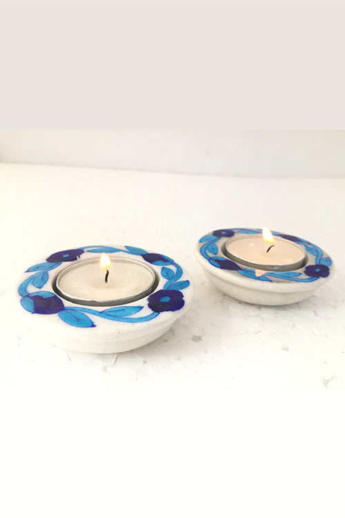 Ram Gopal Blue Pottery Handcrafted "T-Candles" Blue Candle Stand (Set Of 2)-15
