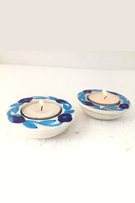 Ram Gopal Blue Pottery Handcrafted "T-Candles" Blue Candle Stand  (Set Of 2)-15