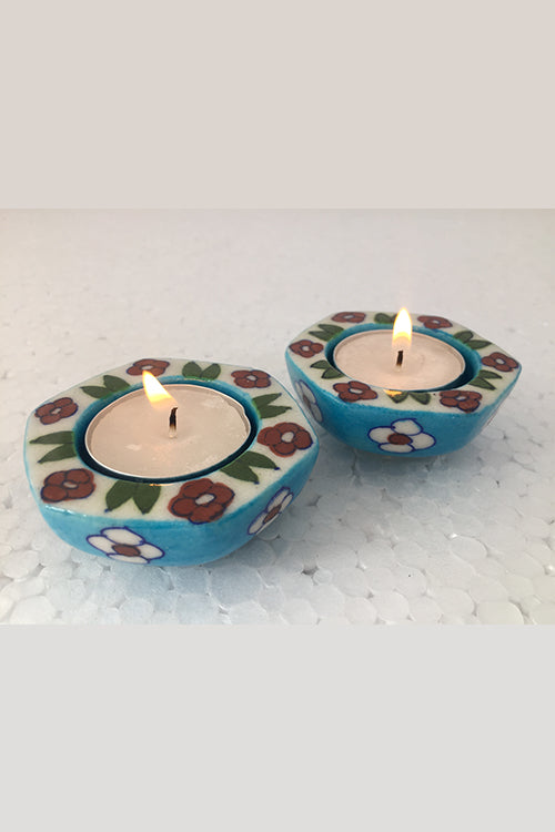 Ram Gopal Blue Pottery Handcrafted "T-Candles" Blue Candle Stand (Set Of 2)-19