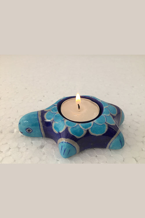 Ram Gopal Blue Pottery Handcrafted "T-Candles" Blue Turtel Candle Stand (Set Of 2)-28