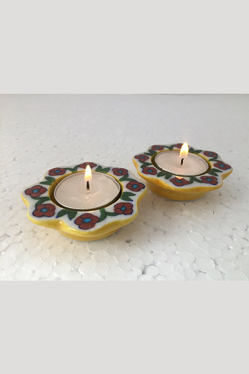 Ram Gopal Blue Pottery Handcrafted "T-Candles" Yellow Candle Stand (Set Of 2)-20