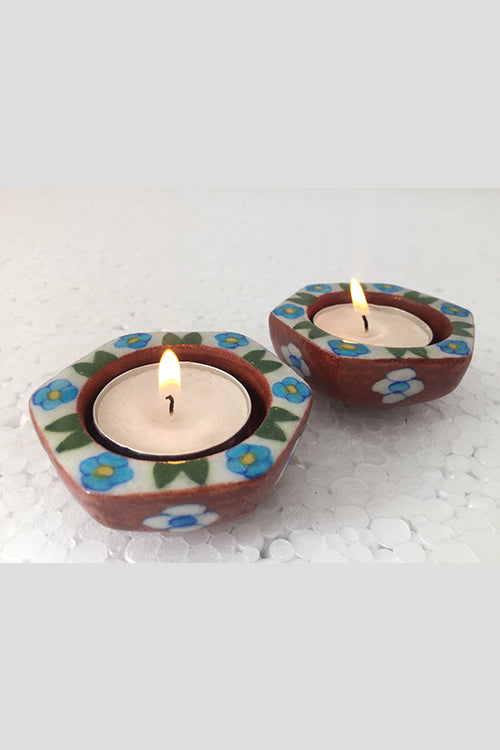 Ram Gopal Blue Pottery Handcrafted "T-Candles" Red Candle Stand (Set Of 2)-24