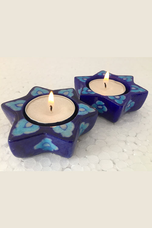 Ram Gopal Blue Pottery Handcrafted "T-Candles" Blue Candle Stand (Set Of 2)-22