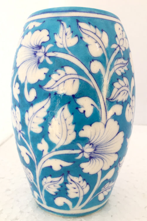 Ram Gopal Blue Pottery Handcrafted 'Drum Vase' Light Blue Vase-27