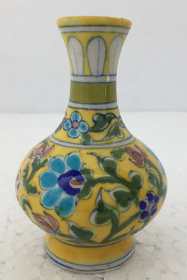 Ram Gopal Blue Pottery Handcrafted 'Surahai Vase" Yellow Flower Vase-105