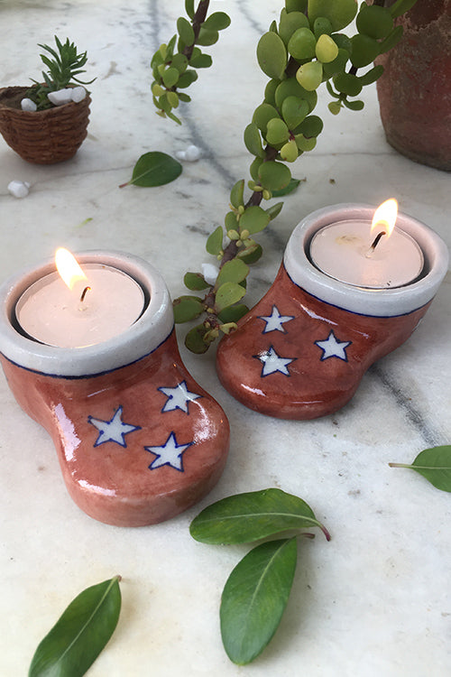 Ram Gopal Blue Pottery Handcrafted " Christmass T-Candles" Santa Socks Candle Stand  (Set Of 2)-37