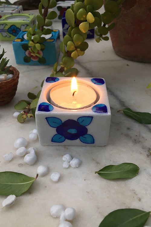 Ram Gopal Blue Pottery Handcrafted "T-Candles" Blue Square Candle Stand (Set Of 2)-31