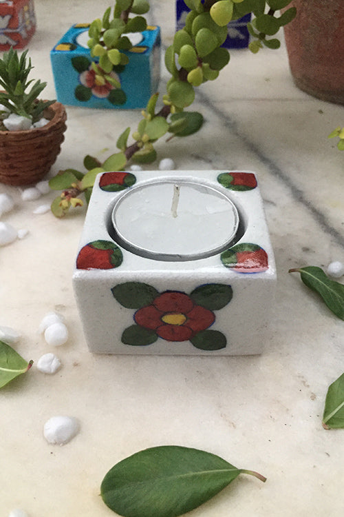 Ram Gopal Blue Pottery Handcrafted "T-Candles" Red Square Candle Stand (Set Of 2)-34