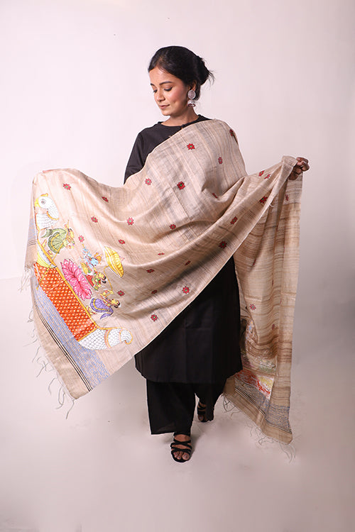 Diorama Designs Pattachitra Handpainted Tussar Silk "Krishna Leela" Dupatta