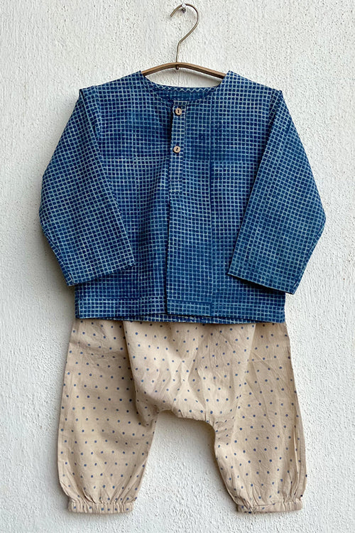 Whitewater Kids Unisex Organic Indigo Check Kurta Top With Raidana Pants
