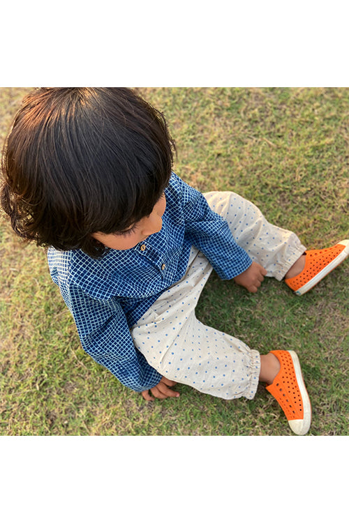 Whitewater Kids Unisex Organic Indigo Check Kurta Top With Raidana Pants